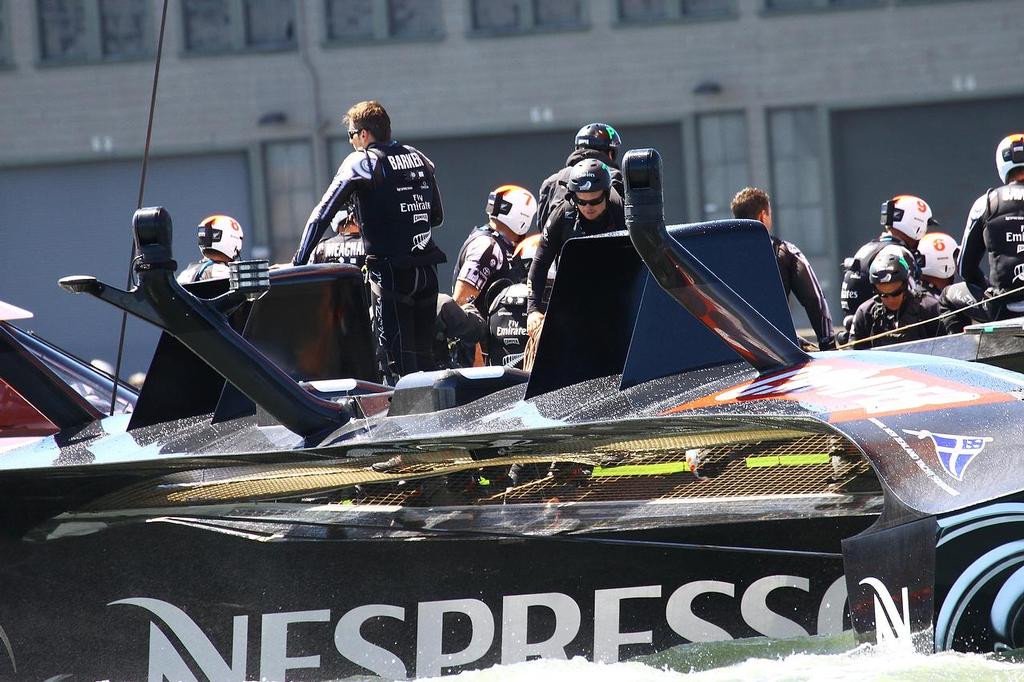 Oracle Team USA v Emirates Team New Zealand. America’s Cup Day 8 San Francisco. Emirates Team NZ performance crew are all smiles as they come aboard after Race 11 © Richard Gladwell www.photosport.co.nz